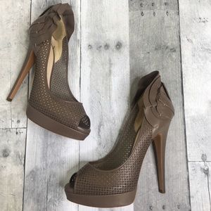 Casadei Spectator Peep Toe Ruffle Platform Heels